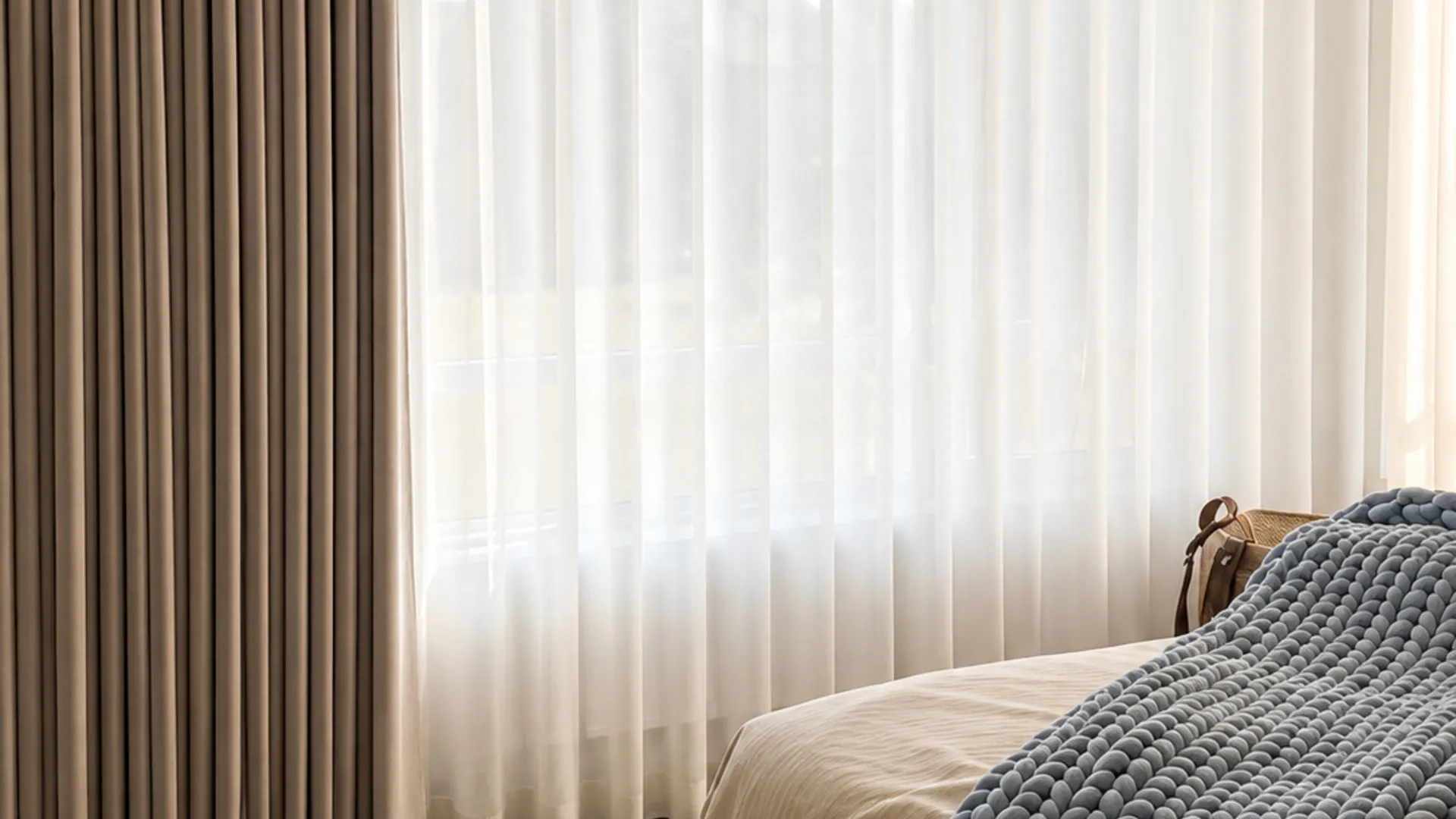 Sheer wave curtains layered with a blackout drape in a sunlit bedroom